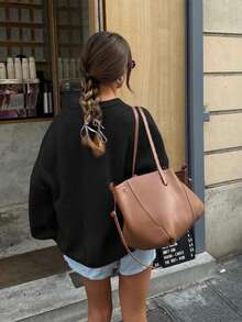 FOR BEAUTY Spring & Summer Round Neck Long Sleeve Loose Knit Sweater, Suitable For Women And Girls, New Fashionable Spring Collection, Elegant And Gentle Pullover, Versatile For Daily Wear, Comfortable And Casual, Soft And Cozy Oversized Sweater, Minimalist Solid Color Flared Sleeve Design, Gentle Blouse - Kose - View 7