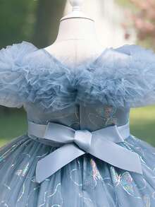 Girls' Princess Dress With Butterfly Embroidery & Layered Tulle Skirt – Elegant Flower Girl Gown For Christmas, Halloween & Birthday Parties - Xám - Xem 4