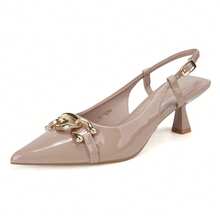 RevReaL Patent Slingback Heels With Gold Chain – Elegant Pointed-Toe Mid-Heel Shoes Commuter Buckle Office - Nude - View 2
