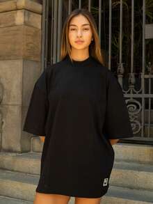 Men's Unisex Basic Plain Oversized Turtleneck T-Shirt - Black - View 4