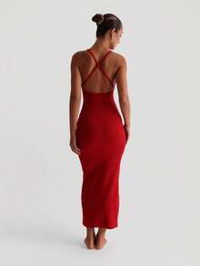 XLLAIS Sexy V-Neck Knit Bodycon Dress With Criss-Cross Open Back, Stretchy Christmas Party Dress Elegant Summer - Burgundy - View 5