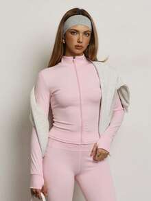 PinkTip 纯色立领拉链外套，塑形显瘦，透气运动休闲街头风，适合瑜伽、健身和日常穿着。 - 淺粉色 - 查看 5