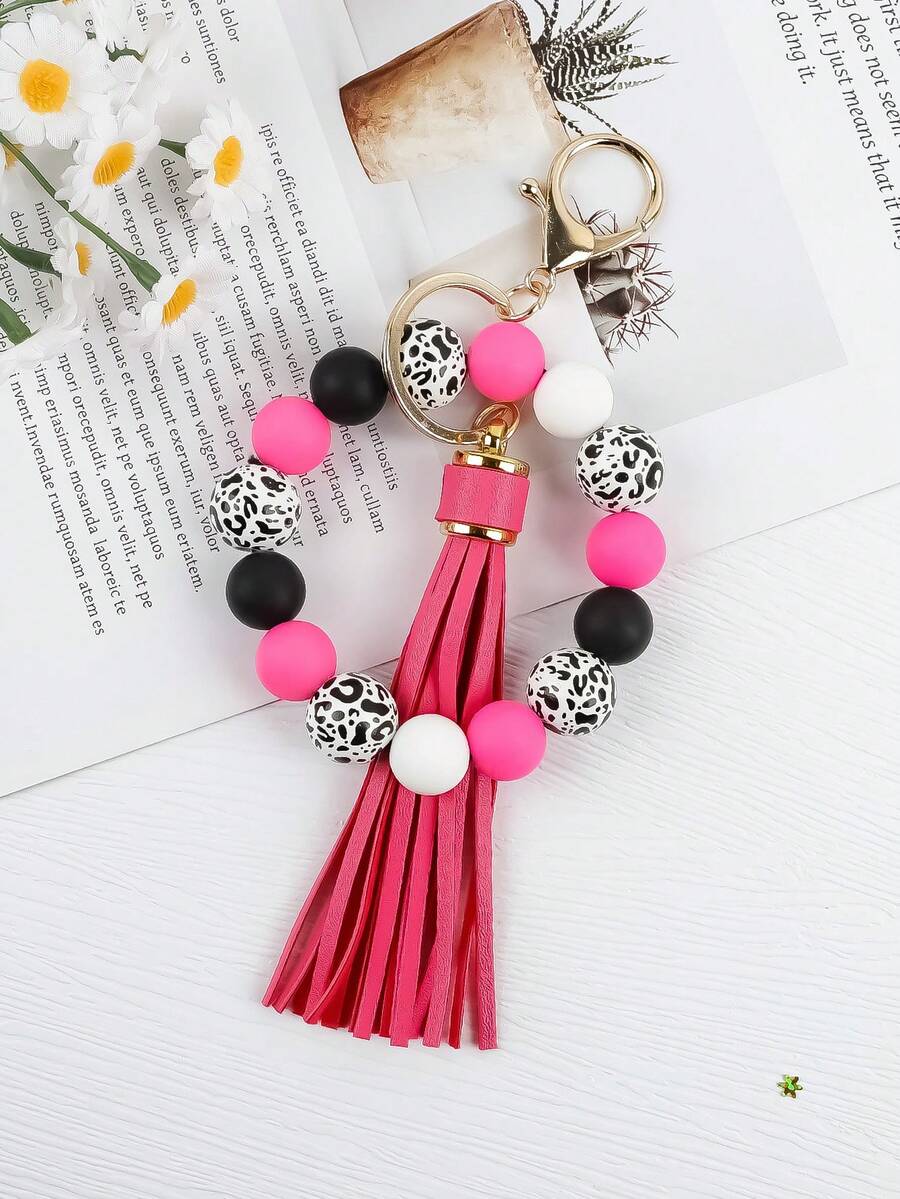 1pc Leopard Print White Base Wooden Beaded Silicone & PU Tassel Keychain, For Bag/Keys Anti-Lost Pendant, Gift For Friends Car Accessories Bag Charm School Cute Goth Y2k Bag Lanyards With Id Holder Car Accessories Bag Charms Christmas Car Accessories Teacher Sister Gift Ideas - Pink - View 1