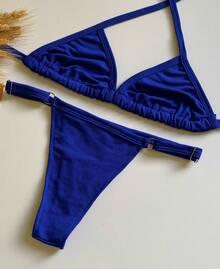 Triangle Bikini Top Without Padding, Thong Bottom With Adjustable Straps, Summer Style. - Azul - Ver 1