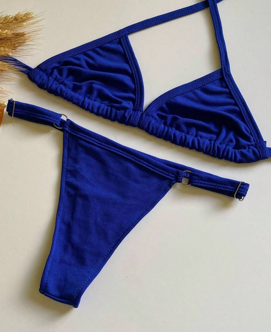 Triangle Bikini Top Without Padding, Thong Bottom With Adjustable Straps, Summer Style. - Azul - Ver 1