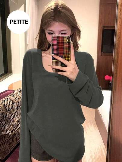 Women's Solid Color Long Sleeve T-Shirt, Versatile, Slimming, Casual Loose Fit, Layering Tee, Autumn