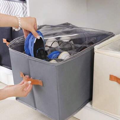 1 Piece Folding Fabric Shoe Storage Box With Dust Cover, Large Capacity, Printless Design, Hand Washable, Used To Organize Bedroom Wardrobes,Suitable For Back To School, Outdoor Camping Storage, Dormitory Essentials, Travel Essentials, Autumn Decoration, Home Decoration, Cosmetics Storage Box
