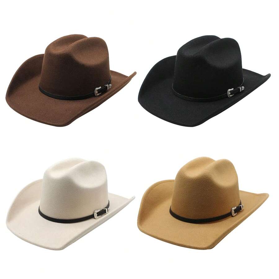 JEWELRYWE Western Cowboy Hat With Buckle For Men Women, Classic Wide-Brimmed Roll Up Felt Hat, Outdoor Fedora Hat, Birthday Anniversary Christmas Gift - 咖啡棕 - 查看 1