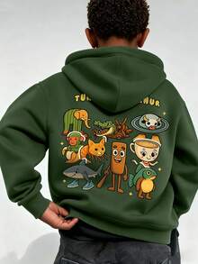 1件装男童休闲印花套头卫衣，保暖内衬，长袖，秋冬季 - 綠色 - 查看 7