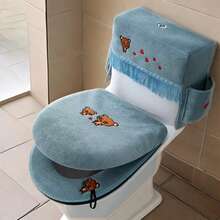 3Pcs Toilet Seat Cover Set Zippered Cute Animal Embroidered Soft Fleece Toilet Tank Lid Cover