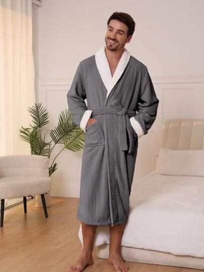 1pc Loose Fit Thickened High-End Elegant Contrast Color Wheat Jacquard Comfortable Long Sleeve Unisex Flannel Fluffy Robe With Shawl Neck, Suitable For Autumn/Winter