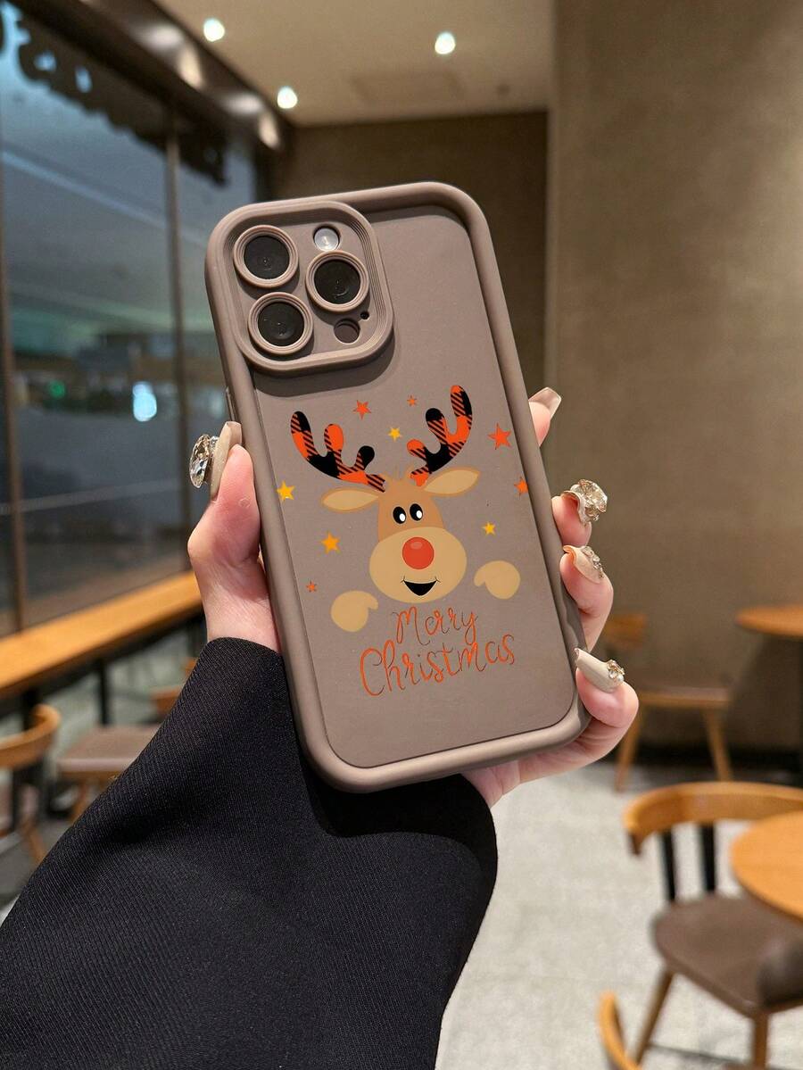 1 pieza Funda de teléfono estándar con patrón minimalista de reno navideño en marrón con efecto de arenado, resistente a caídas, compatible con iPhone, Galaxy, Redmi, OPPO, Vivo, HONOR, versión internacional, no la versión nacional - Marrón - Ver 1