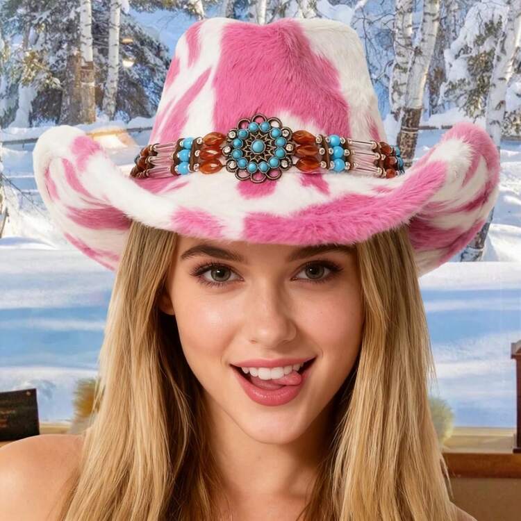 Gorro vaquero cálido de felpa con estampado de vaca para mujer, gorro occidental con cinturón de cuentas, gorra de jazz moderna para actividades al aire libre en invierno. - Rosa - Añade 5