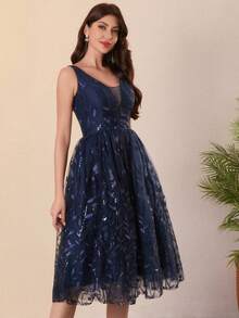 短款亮片蕾丝晚礼服，优雅女士无袖深V领蕾丝舞会礼服，带刺绣露背毕业礼服，A字鸡尾酒礼服 - 藏蓝色 - 查看 5