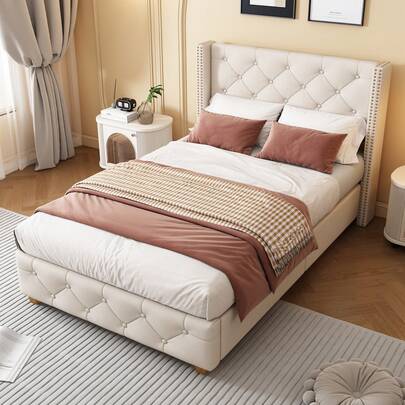 Upholstered Bed,Single Bed-3ft(90*190cm) ,With Slatted Frame And Headboard, Button Upholstery, Rivet Upholstery, Wooden Legs, Velvet, Beige