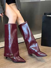 Fall/Winter Women's Elegant Slip-On Mid-Calf Boots, Minimalist Design, Versatile, Available In Red And Black, Stiletto Heel,Burgundy Heels - Anchor Red - View 3