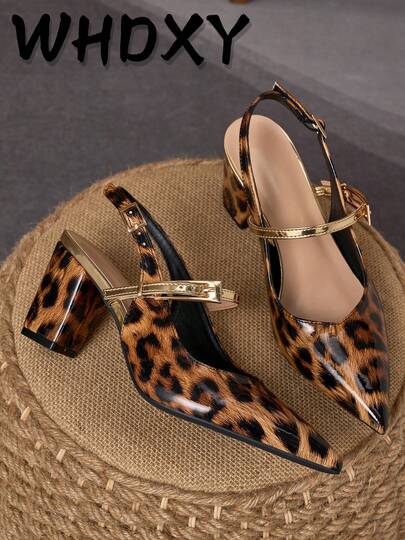 WHDXY Fashionable Leopard Print Chunky Heel Pointed Toe High Heels, Women's Shoes With Comfortable Lace-Up Design, Suitable For Evening Gala/Workwear