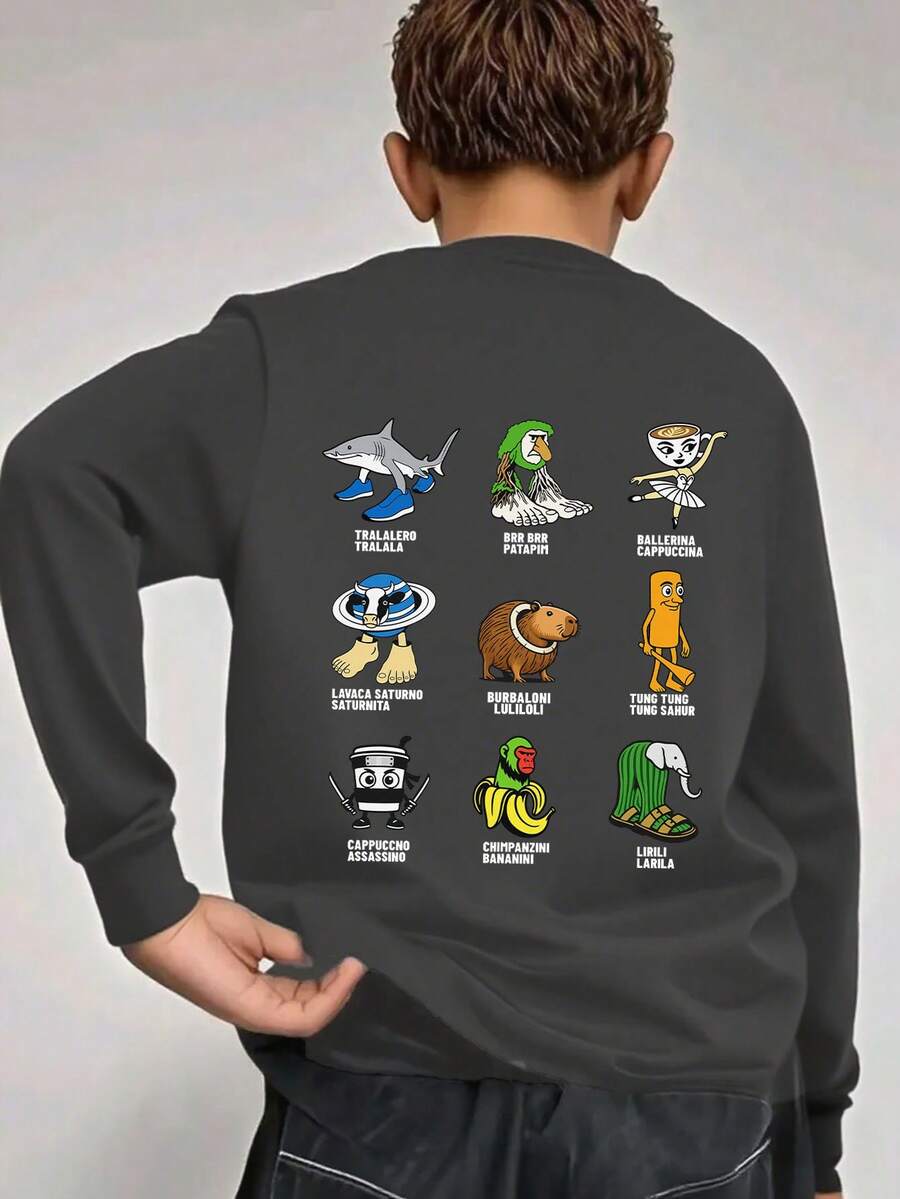 Tween Boy Italian Brainrot Graphic Long Sleeve T-Shirt, Autumn/Winter Tops