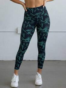 Printed Leggings, Striped, Leopard Print, Tie-Dye, Women's High-Waisted Athletic Leggings For Gym And Fitness, Summer 2025 - 綠葉 - 查看 2