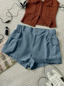 Quần short cargo cạp chun, túi nắp bên hông kiểu Y3K, màu trơn, thích hợp mặc hàng ngày, phong cách lễ hội âm nhạc Y2K mùa hè. - Màu xanh lam - Xem 6