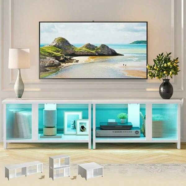 Expandable LED TV Stand With Storage, Rustic Finish, Fits Up To 65" TV