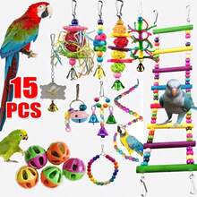 Combination Bird Toys Set Swing Chewing Training Toys Small Parrot Hanging Hammock Parrot Cage Bell Perch Toys With Ladder Toys(Random Accessory Color)