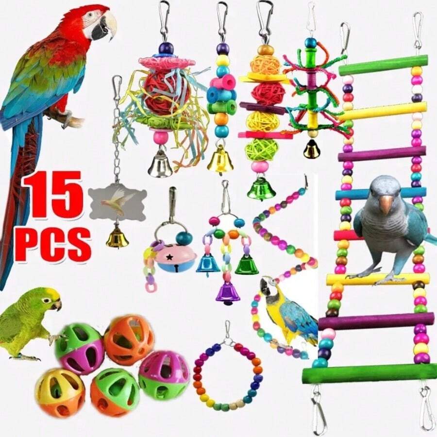 Combination Bird Toys Set Swing Chewing Training Toys Small Parrot Hanging Hammock Parrot Cage Bell Perch Toys With Ladder Toys(Random Accessory Color)