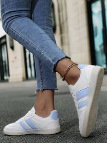 New High-Quality Women's Fashion Casual Retro Sneakers, Bicolor Luxury Flat Shoes, White Student Couple Shoes, Shoes, Christmas, Thanksgiving, New Year Holiday Gift - White and Blue - View 6