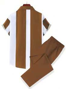 Men's New Fashion Comfortable Digital Printing Short Sleeve With Elastic Waist Long Trousers With Pockets Set Of 2 Pieces; Essential Holiday Gifts - 咖啡棕 - 查看 2