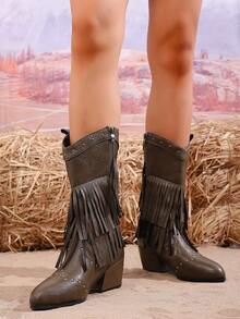 Botas de tobillo de cuero de PU con estilo occidental, cremallera lateral, remaches, flecos decorativos y tacón grueso con textura de grano de madera, para mujer, adecuadas para otoño/invierno y primavera/otoño, estilo de botas vaqueras - Marrón - Ver 5