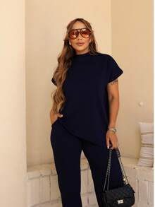 Women's Asymmetrical Set: Casual Elegant Wide-Leg Pants, Fashion , Anarruga Fabric, Perfect For Parties And New Year's Eve. - 藏蓝色 - 查看 4