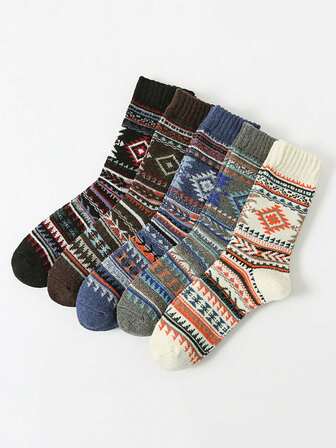 5 Pairs Men's Vintage Thick Knit Geometric Wool Blend Mid-Calf Socks, Autumn/Winter