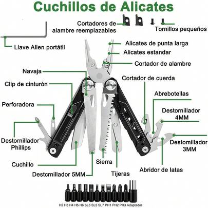 ADILIKADII 28 en 1 Alicates Multiherramientas de Acero Inoxidable, Juego Cuchillos de Alicates Plegables con Bolsillo Tijera Destornillador, Navaja Suiza Multiuso para Camping Senderismo Reparación