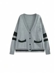 甜美学院风V领开衫毛衣，饰有字母刺绣，女士款 - 灰色 - 查看 2