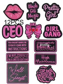 3/6/12 Stück rosa englische Buchstaben Serie gestickte Aufnäher, süßes Cartoon Mädchen Muster, Polyestermaterial, Abzeichen Aufkleber, zum Aufbügeln auf Kleidung, Nähzubehör, geeignet für Rucksäcke, Jeans, Jacken, T-Shirts, Hüte, Kleider usw.