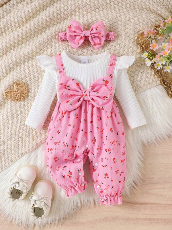 1 pieza Pelele de manga larga blanco con detalles rosas, lindo y dulce, para bebé/niña pequeña, otoño/invierno