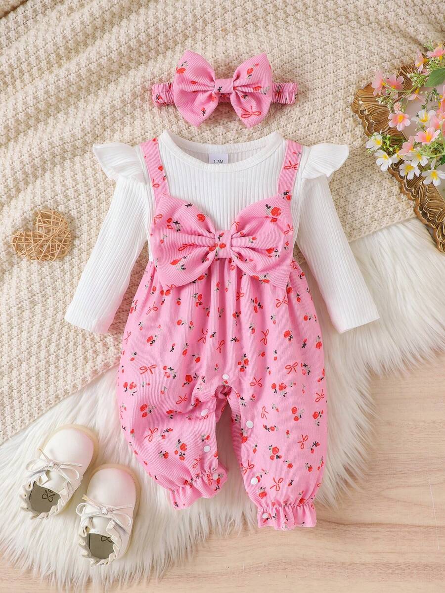 1 pieza Mono de manga larga blanco lindo y dulce para bebé niña con detalles en rosa, otoño/invierno