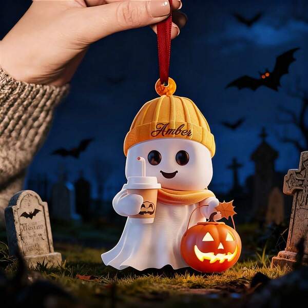 Klassische Acryl Halloween Geist Dekoration Ornament mit Kürbis- und Kaffeetassen-Design, stromfreie saisonale Dekoration