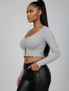 Women's Casual Rib-Knit Crop Top With Lettuce Trim Long Sleeves And Fake Buttons Sexy Round Neck Design - Grey - View 2