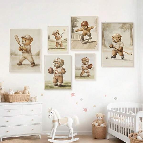 1 pieza, Arte de pared de lienzo, Decoración de pared de guardería enmarcada. Oso de peluche retro jugando al fútbol, oso de peluche jugando al béisbol, oso de peluche jugando al golf, oso de peluche haciendo skateboard, oso de peluche jugando al hockey, oso de peluche jugando al fútbol. Decoración de habitación infantil con temática deportiva, arte de habitación infantil con temática animal, decoración de habitación infantil neutra en cuanto al género