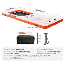 Inflatable Floating Dock, 15x6.5FT Inflatable Dock Platform With 4*6FT Trampoline Mesh Pool, Non-Slip Floating Platform Water Mat With Portable Bag & Detachable Ladder For Pool Beach Relaxation - 白色+橙色 - 查看 7