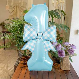 2pcs - Numeric Bowknot Combo Set, Includes 40-Inch Faux Pearl Blue 0-9 Number Foil Balloons, Blue Plaid Bowknot Balloons, Suitable For Birthday, Blue Themed Party, Baby Shower, Wedding Anniversary