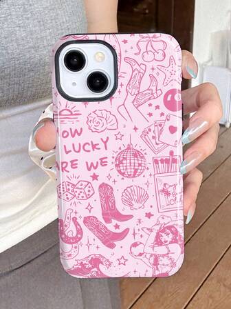 1pc Minimalist Western Style Ocean Element Bow Knot Cherry Billiards Poker Slogan Pattern Glossy 2-In-1 Filmic Hard Phone Case Suitable For Samsung/ 11/12/13/14/15/16/17 Pro Max