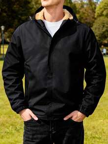 新款男士冬季保暖内衬休闲夹克，时尚户外连帽厚外套，秋季 - 黑色 - 查看 1