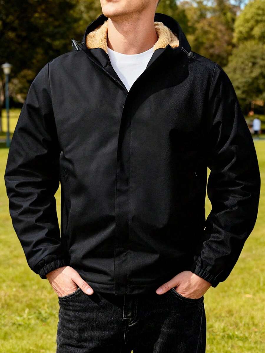 新款男士冬季保暖内衬休闲夹克，时尚户外连帽厚外套，秋季 - 黑色 - 查看 1