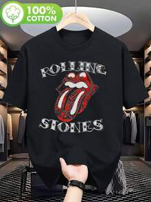 Men'S Vintage Rock Band Graphic T-Shirt - Rolling Stoned Print, Short Sleeve, Crew Neck, Cotton, Summer Casual Top, Ideal For Travel, Dates, Beach, Vacation, Festival Gifts - 黑色 - 查看 1