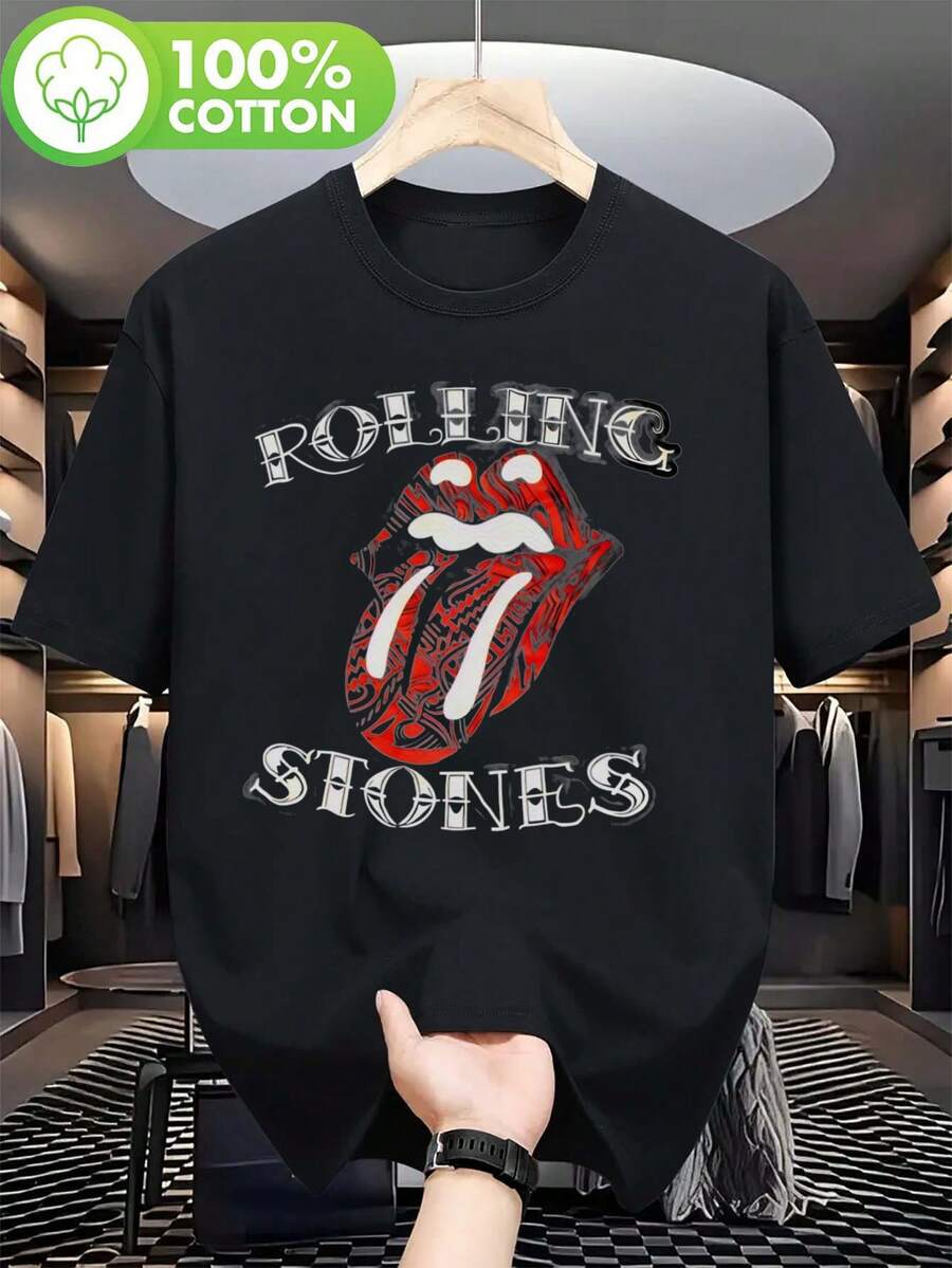 Men'S Vintage Rock Band Graphic T-Shirt - Rolling Stoned Print, Short Sleeve, Crew Neck, Cotton, Summer Casual Top, Ideal For Travel, Dates, Beach, Vacation, Festival Gifts - 黑色 - 查看 1