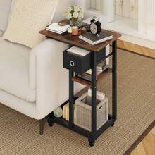 C-Shaped End Table, Slim Sofa End Table With Fabric Drawer, Open Compartments And Lockable Wheels, Movable Side Table, Rustic Brown -By GeoTower - Dark Rustic Oak - View 8