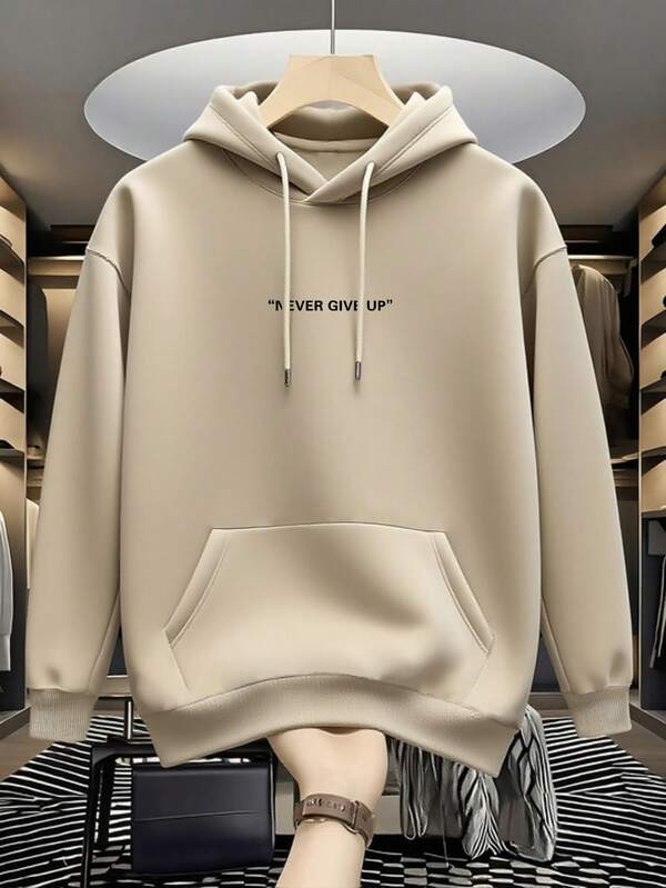 Sudadera con capucha de manga larga con bolsillo y cordón para hombres, con estampado de letras, de vuelta al colegio, para otoño