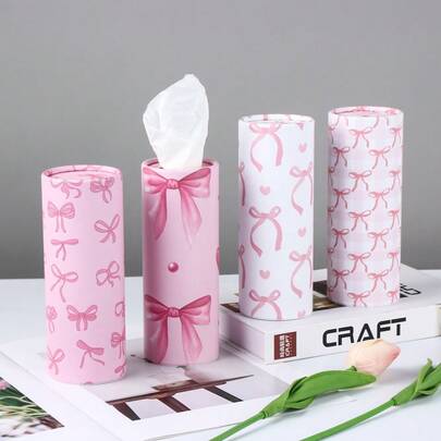 1pc Pink Bow Car Tissue Box Holders Round Paper Towel Cylinders With Floral And Bow Design Durable Tissue Storage Box Includes 40 Facial Tissues Car Tissue Holder For Car Home Office And Bathroom Use, Decorative Bow Design For Birthday Wedding And Party, Stylish Accessory